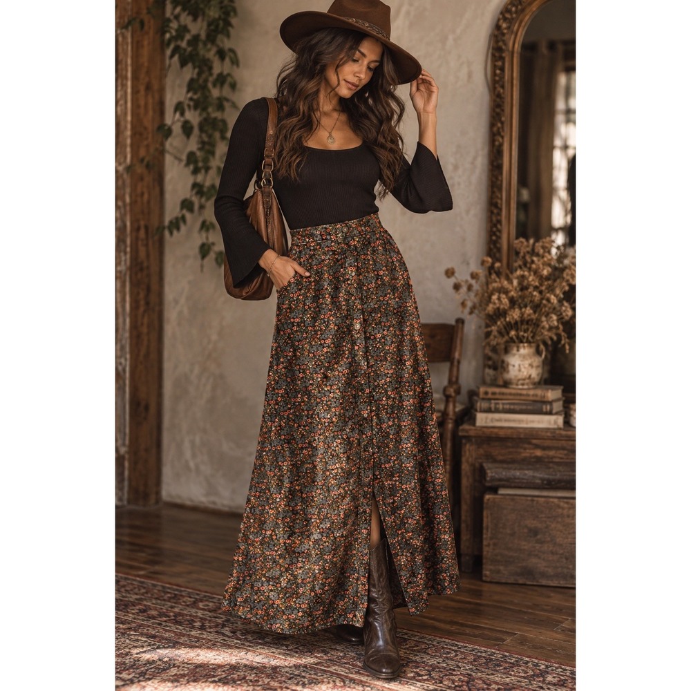 Vtg Levi's Wmns Floral Button Front Maxi Skirt Brown Boho Prairie Tag 13/14 Sz 6